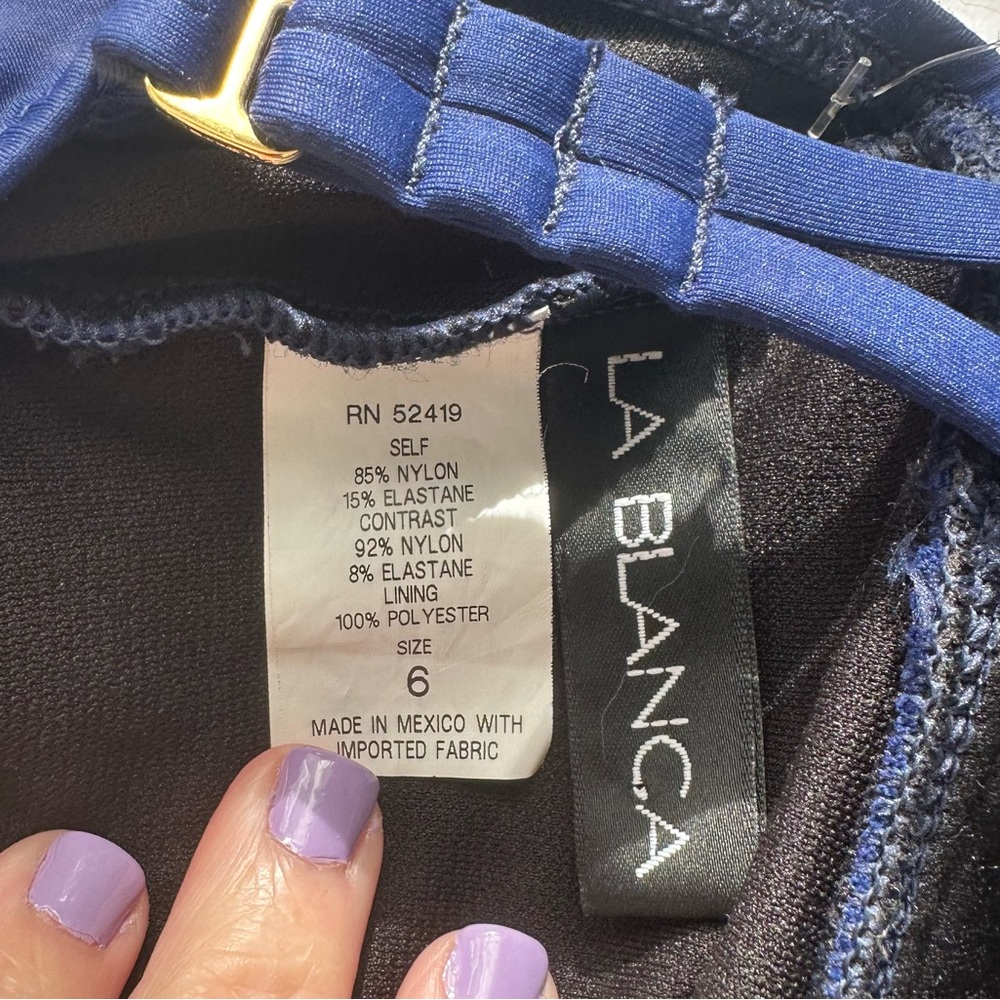 La Blanca Ruched Front Cross Back One Piece Swimsuit Indigo Blue NEW Size 6 - Picture 7 of 10